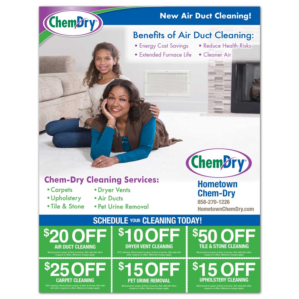 Back view of a custom printed ChemDry residential Flyer with benefits of air duct dryer cleaning and promotions