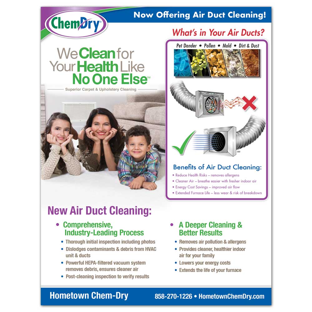 Front view of a custom printed ChemDry residential Flyer with benefits of air duct dryer cleaning