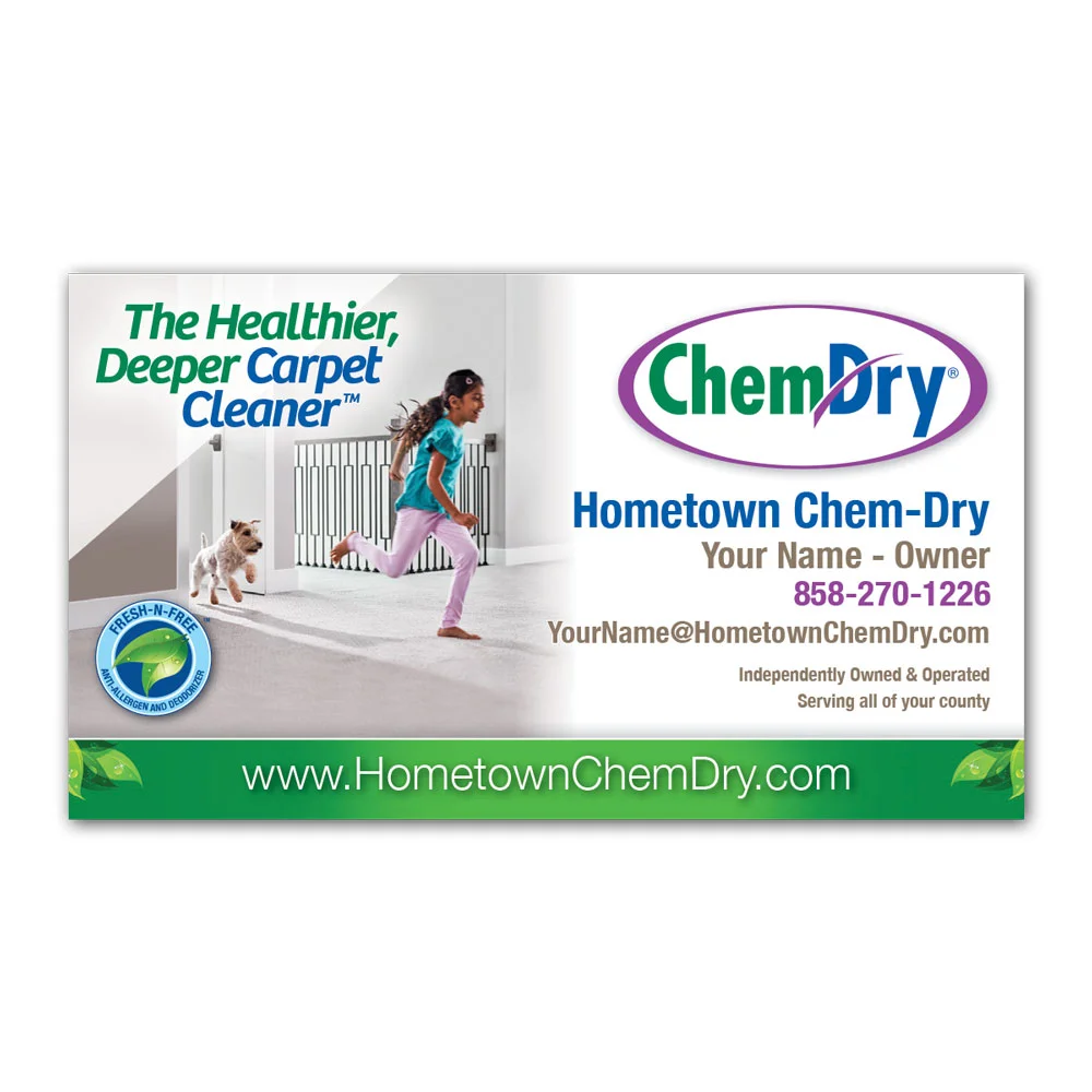 Front view of a 2022 custom printed Chem-Dry business card with girl and dog running on clean carpet
