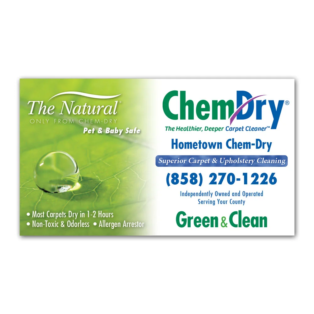 Front view of a custom printed Chem-Dry business card with water drop on green leaf