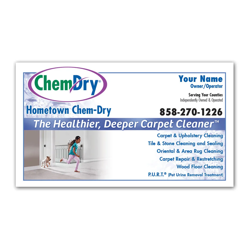 Front view of a custom printed Chem-Dry business card with kid and dog running on carpet