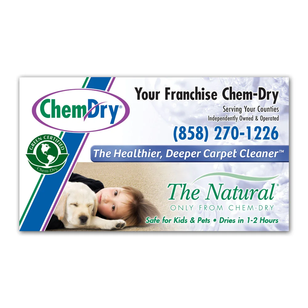 Front view of a custom printed Chem-Dry business card with kid and pet bottom left