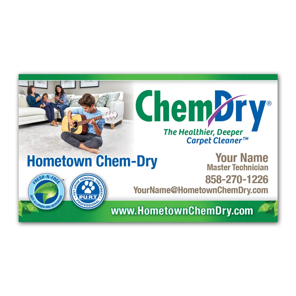 Front view of a 2022 custom printed Chem-Dry business card with boy playing guitar on clean carpet on front