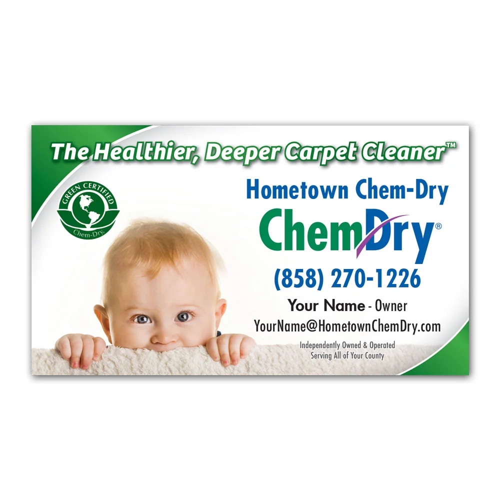 Front view of a custom printed Chem-Dry business card with baby on the front