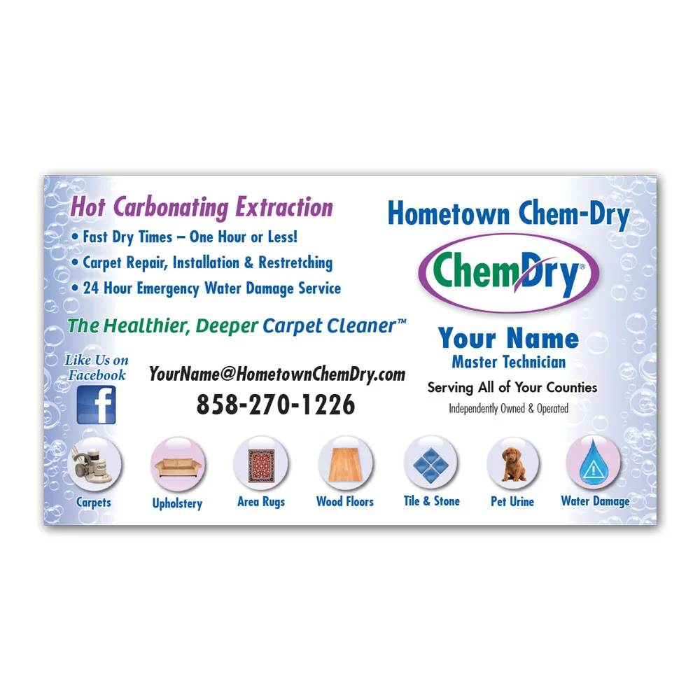 Front view of a custom printed Chem-Dry business card describing carbonation extraction