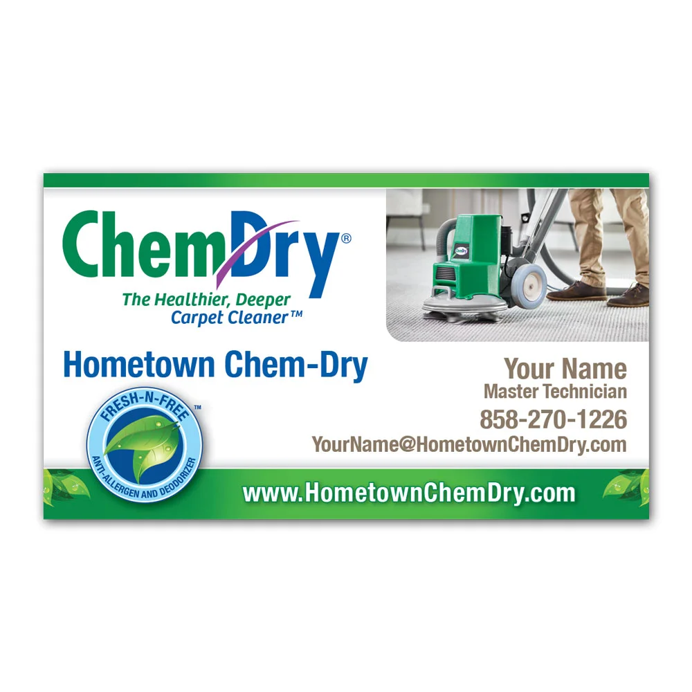 Front view of a 2022 custom printed Chem-Dry business card with floor machine on clean carpet on front