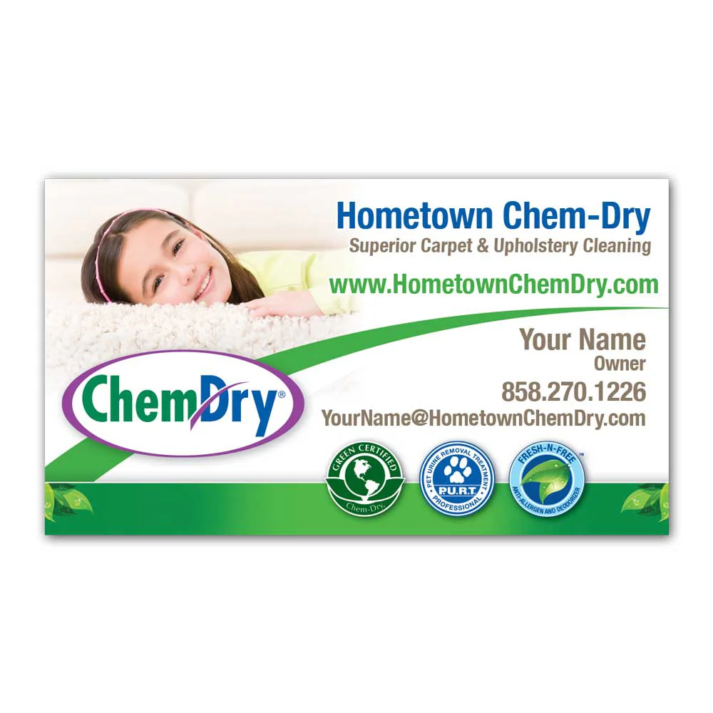 Front view of a custom printed Chem-Dry business card with girl laying head on clean carpet