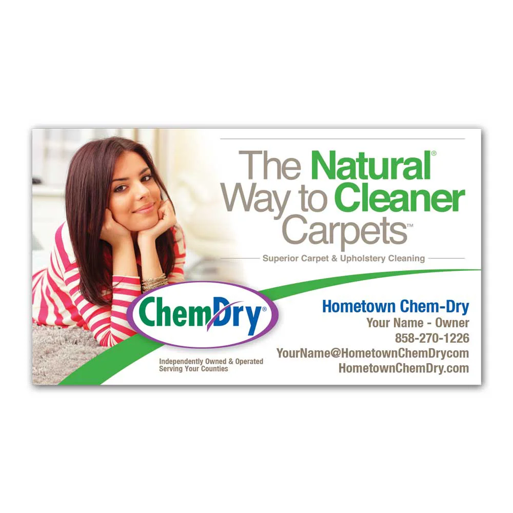 Front view of a custom printed Chem-Dry business card with woman laying on clean carpet