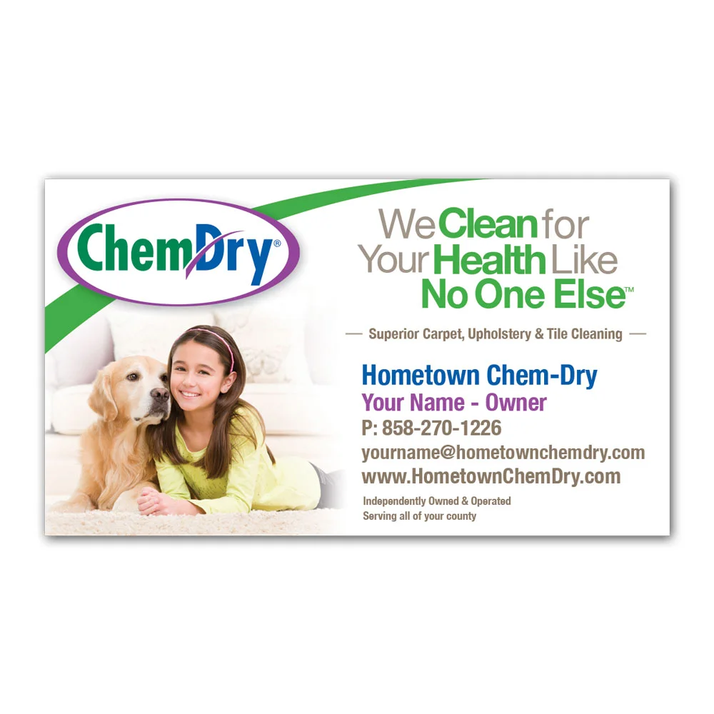 Front view of a custom printed Chem-Dry business card with girl and golden retriever on clean carpet