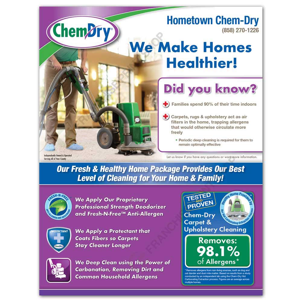 front view of a custom printed ChemDry flyer describing health benefits of cleaning service and floor machine on carpet