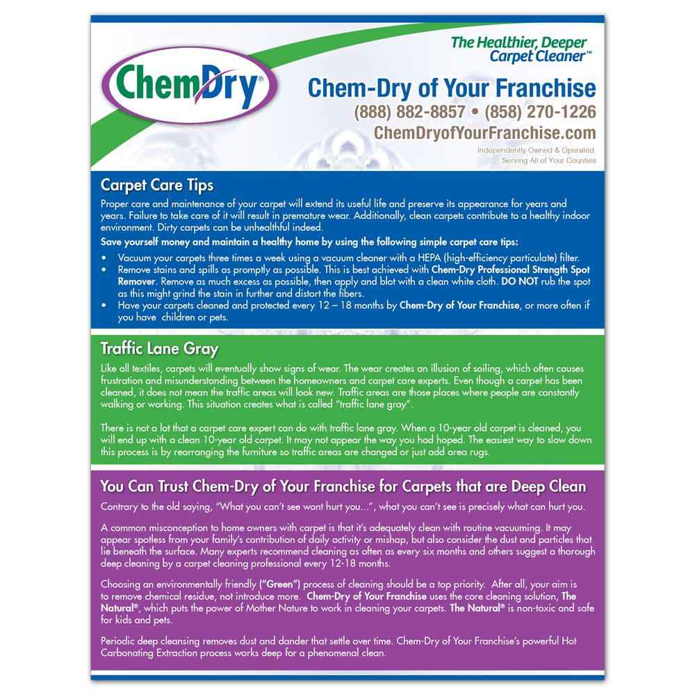 Front view of a custom printed ChemDry Commercial Flyer with carpet cleaning tips