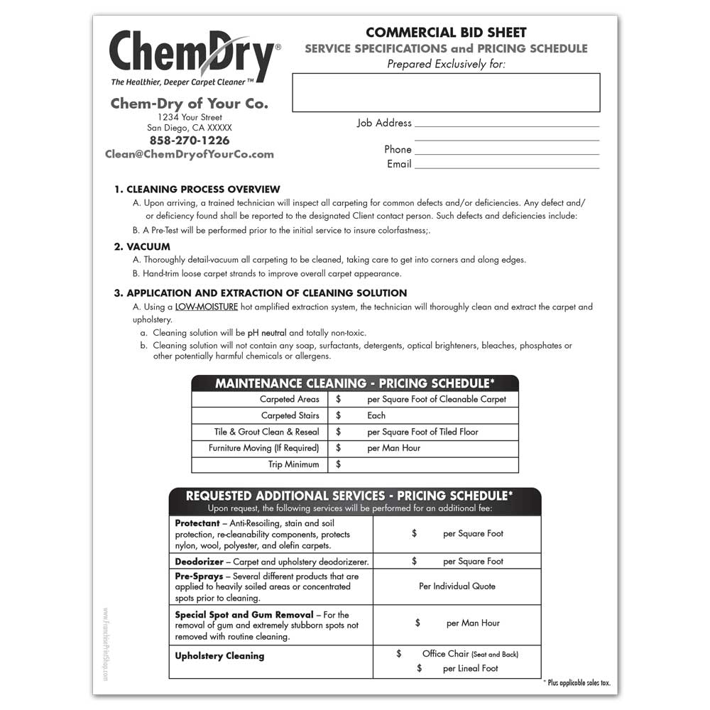 front view of a custom printed ChemDry black and white commercial bid sheet outlining services and pricing