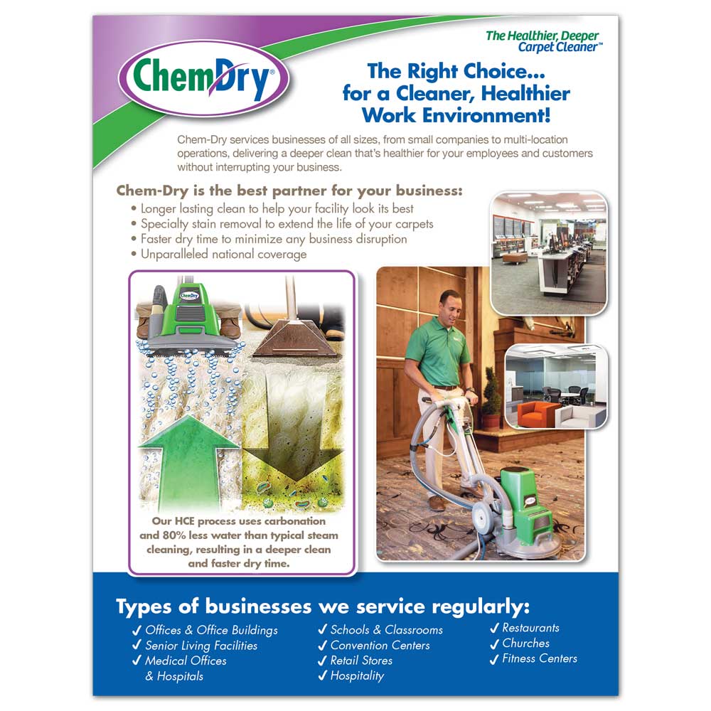 Front view of a custom printed ChemDry Commercial Flyer with available cleaning services