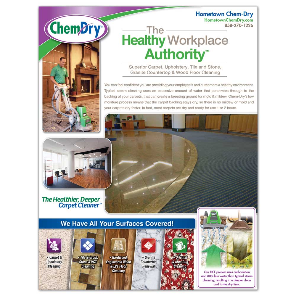 Front view of a custom printed ChemDry Commercial Flyer with available cleaning services