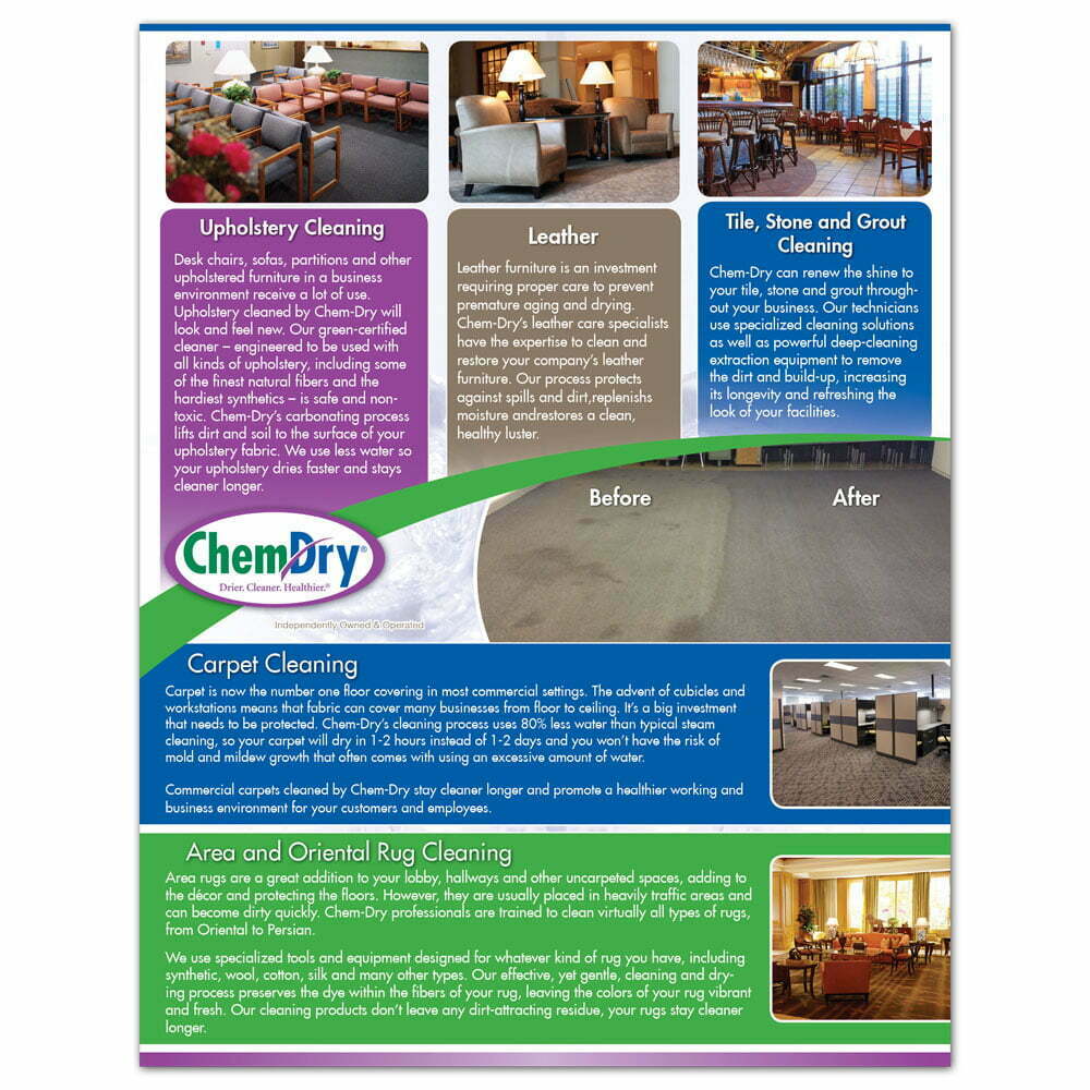 back view of a custom printed ChemDry flyer with details on commercial cleaning services