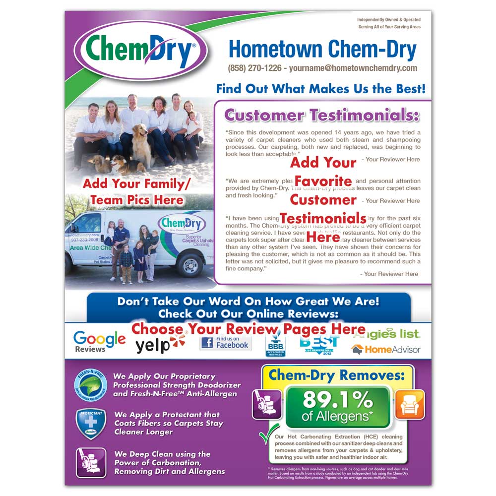 front view of a custom printed ChemDry information sheet