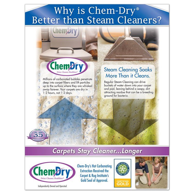 front view of a custom printed ChemDry flyer comparing standard steam cleaners and Chem-Dry carbonating extraction cleaning service