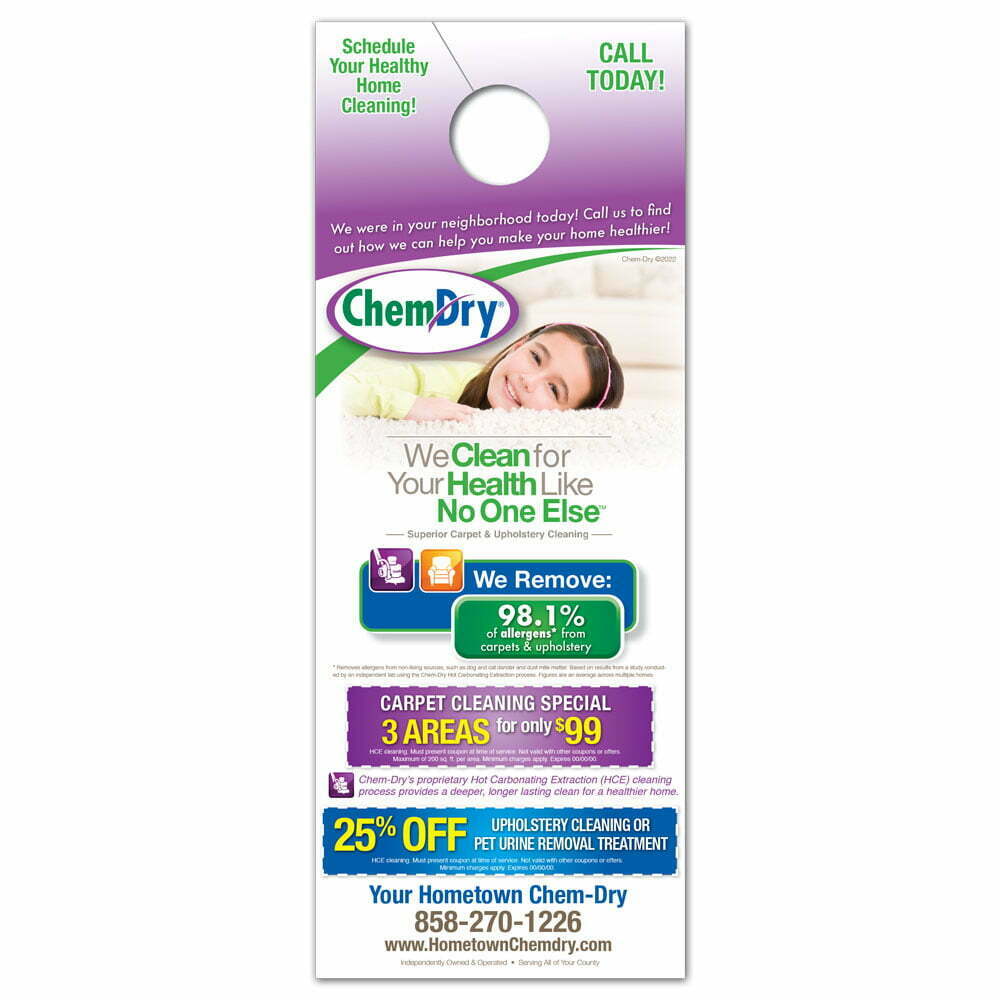 front view of a custom printed ChemDry brand refresh design door hanger with girl laying head on clean carpet