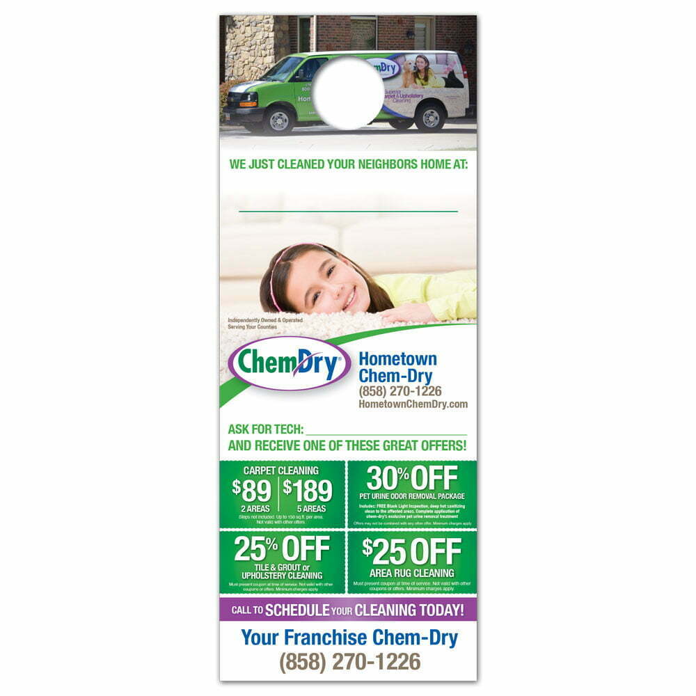 front view of a custom printed ChemDry brand refresh design door hanger with girl laying on clean carpet