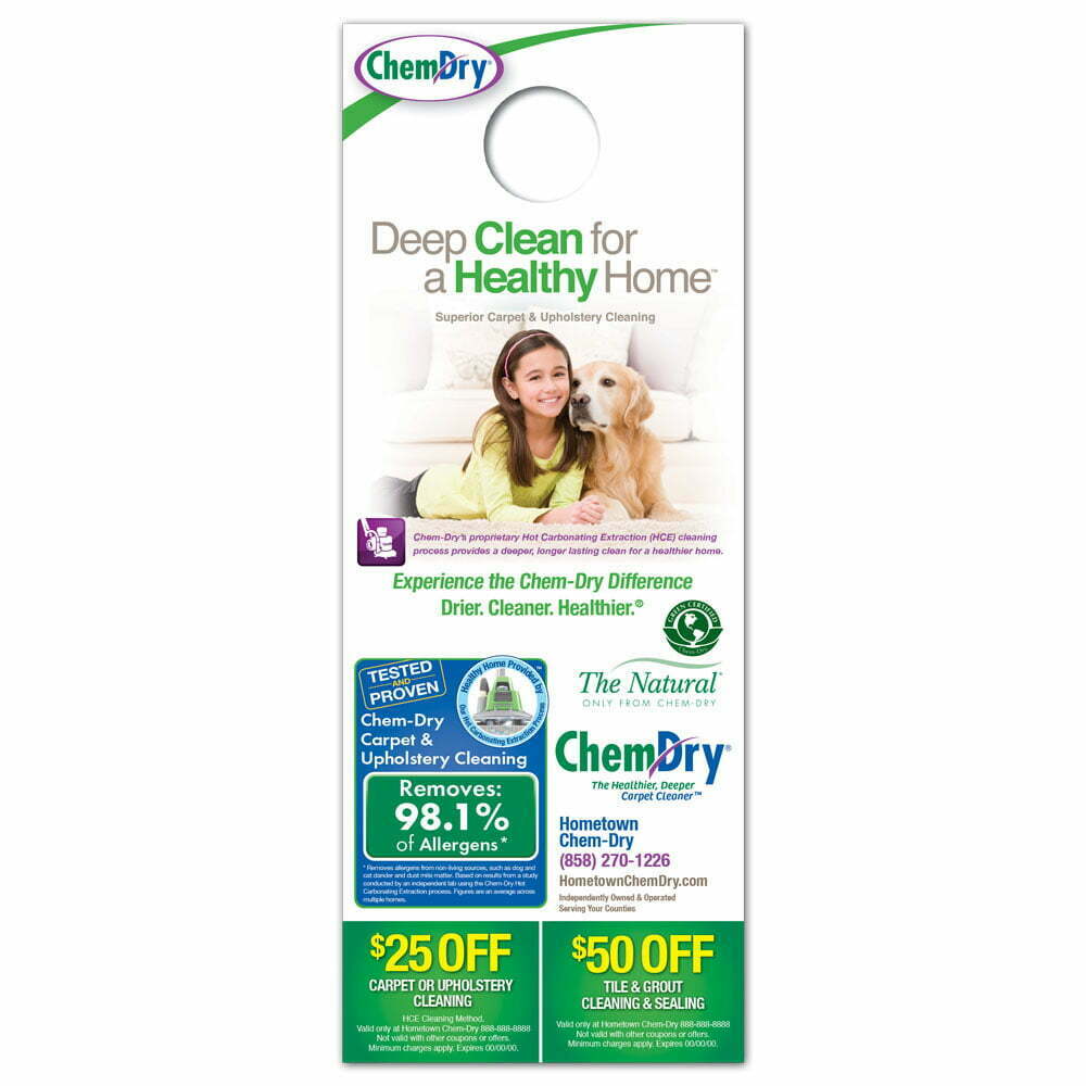 front view of a custom printed ChemDry brand refresh design door hanger with girl and dog laying on clean carpet