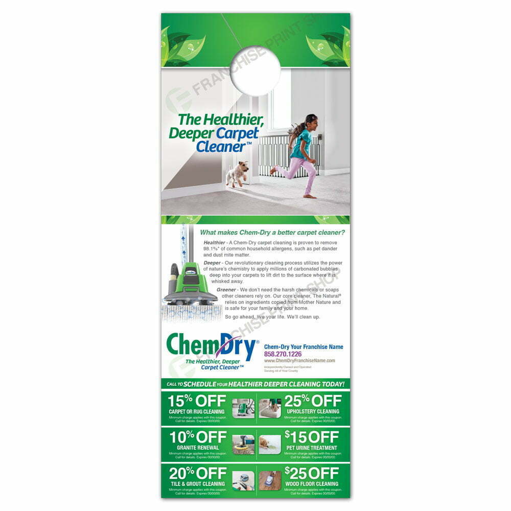 front view of a custom printed ChemDry 2022 design door hanger with girl and dog running on clean carpet