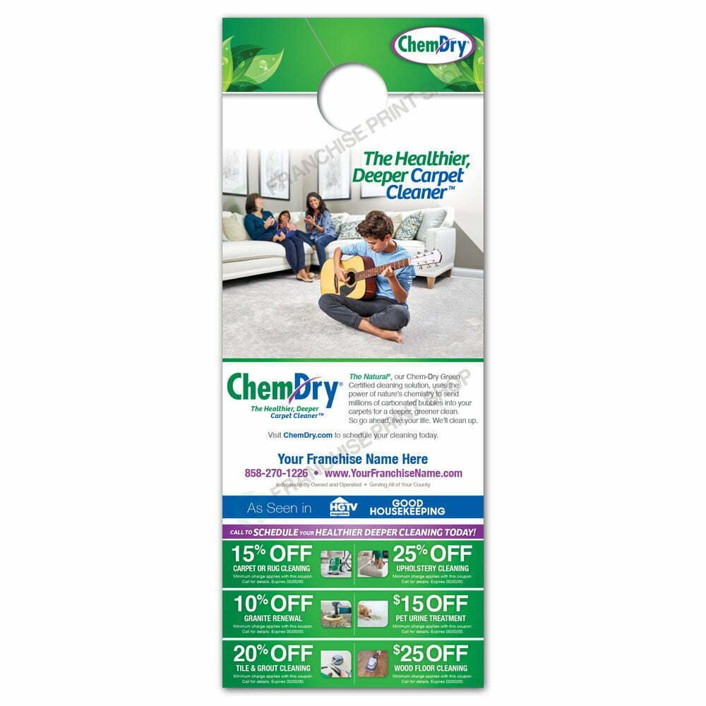 front view of a custom printed ChemDry 2022 design door hanger with boy laying guitar on clean carpet
