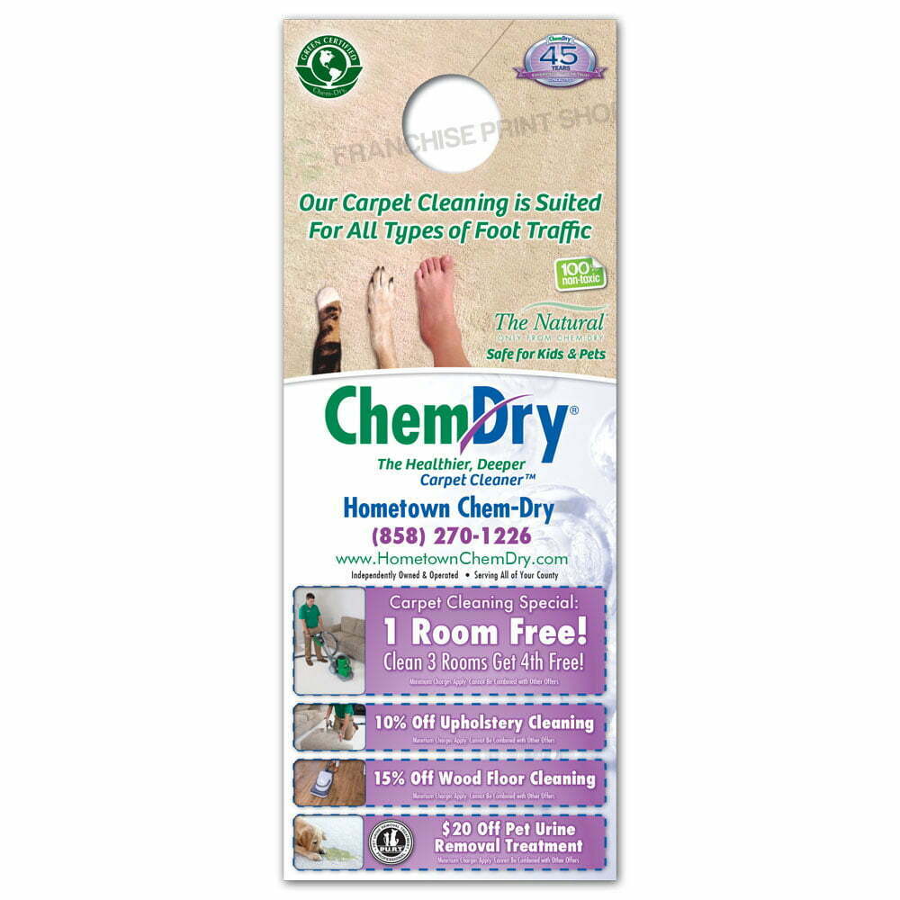 front view of a custom printed ChemDry door hanger with feet on clean carpet