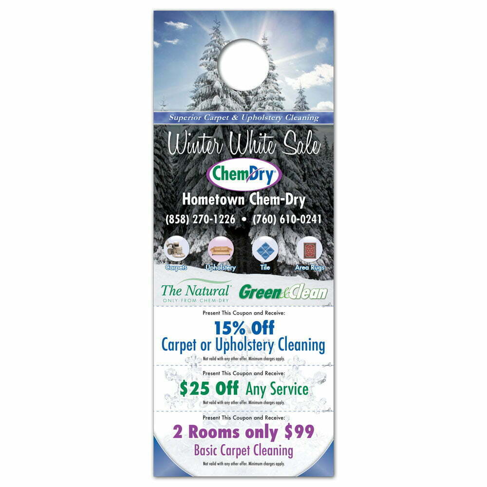 front view of a custom printed ChemDry winter white sale design door hanger