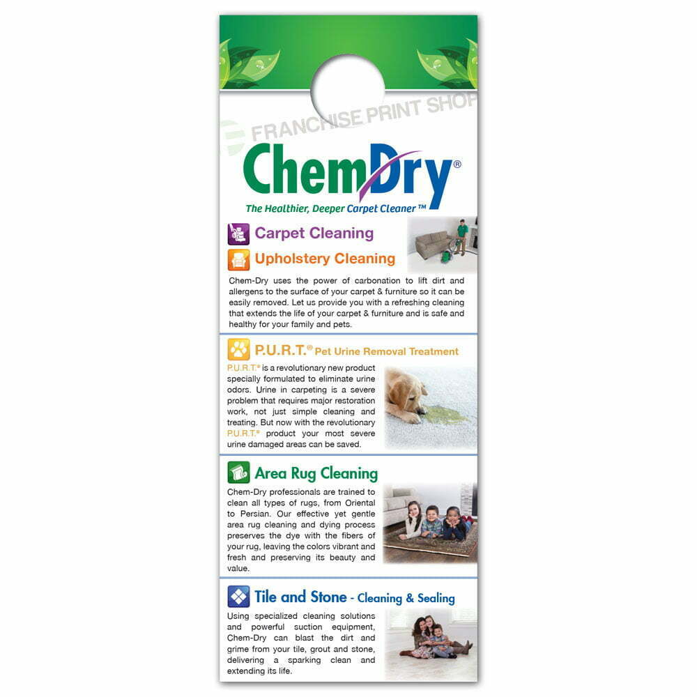back view of a custom printed ChemDry door hanger with cleaning services