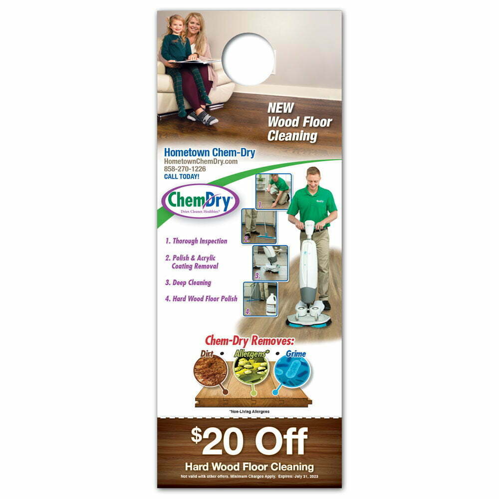 front view of a custom printed ChemDry door hanger with hard wood floor special