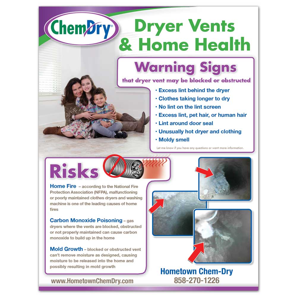 Front view of a custom printed ChemDry residential Flyer with benefits of dryer vent cleaning service