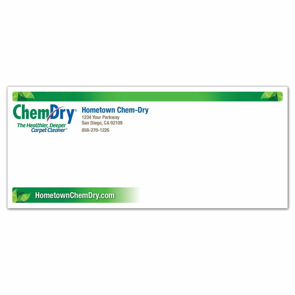front view of a custom printed ChemDry business envelope 2023 design