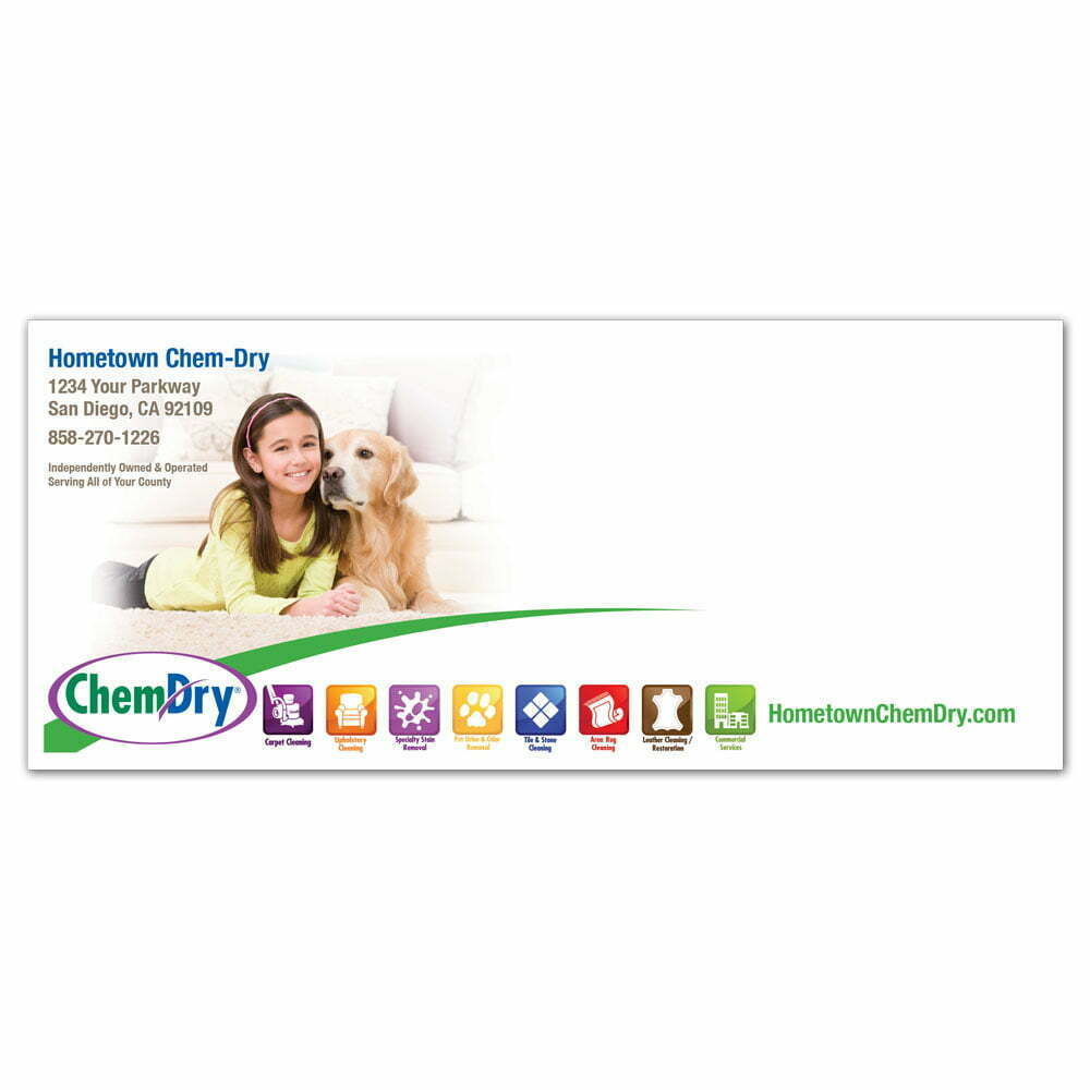 front view of a custom printed ChemDry business envelope brand refresh design