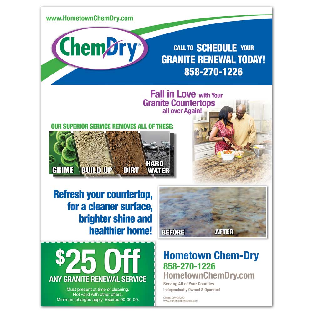 Back view of a custom printed ChemDry residential Flyer with granite countertop renewal facts