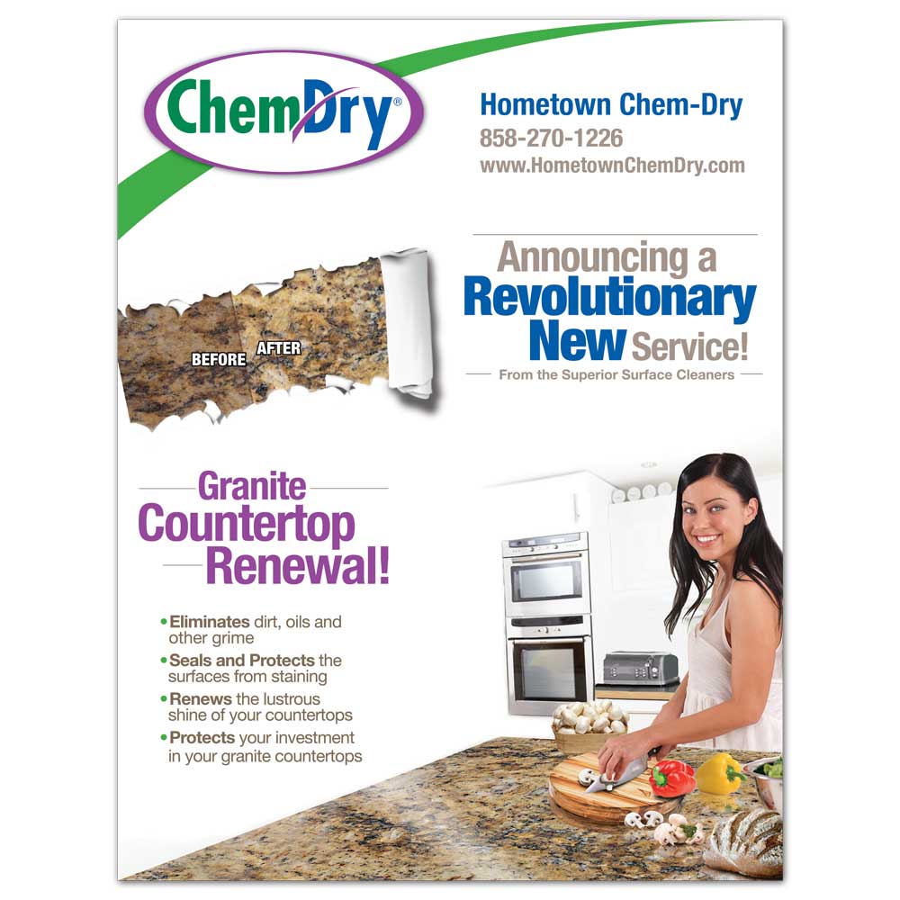 Front view of a custom printed ChemDry residential Flyer with granite countertop renewal facts