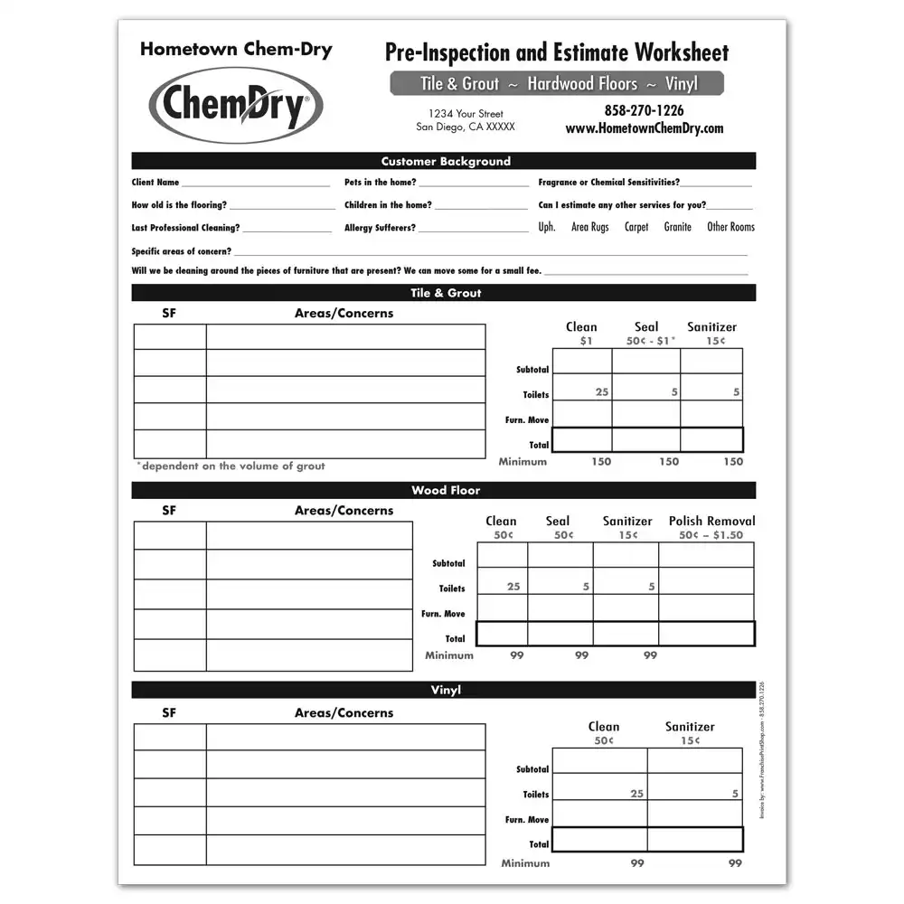 Front view of a custom printed ChemDry estimate form for three different hard surfaces