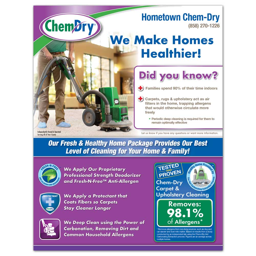 Front view of a custom printed ChemDry residential Flyer with facts about healthier homes