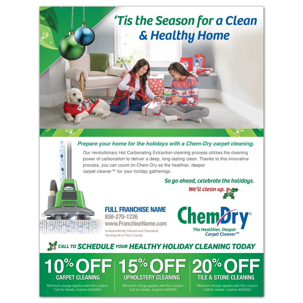 Front view of a custom printed ChemDry residential Flyer with 2022 design and girl and mom unwrapping holiday presents on clean carpet