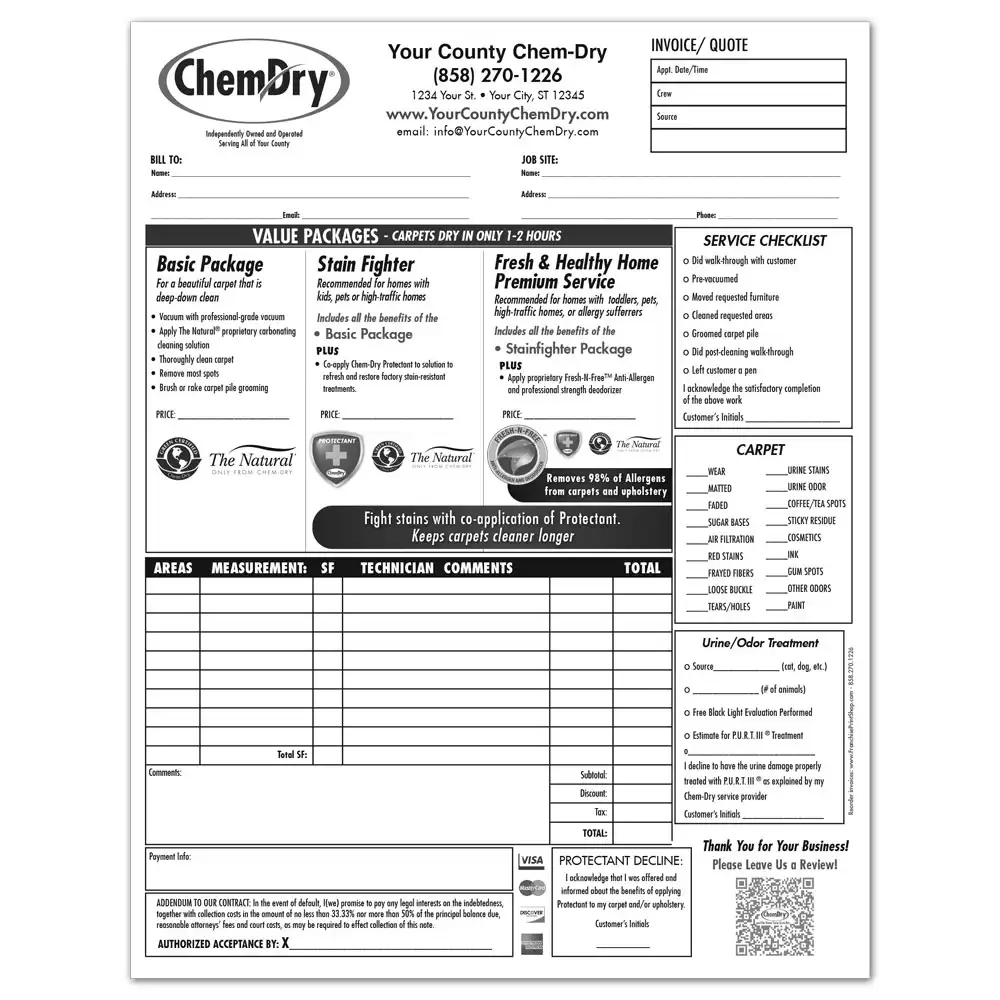 Front view of a custom printed ChemDry invoice with tiered cleaning services and details of customer and technician information