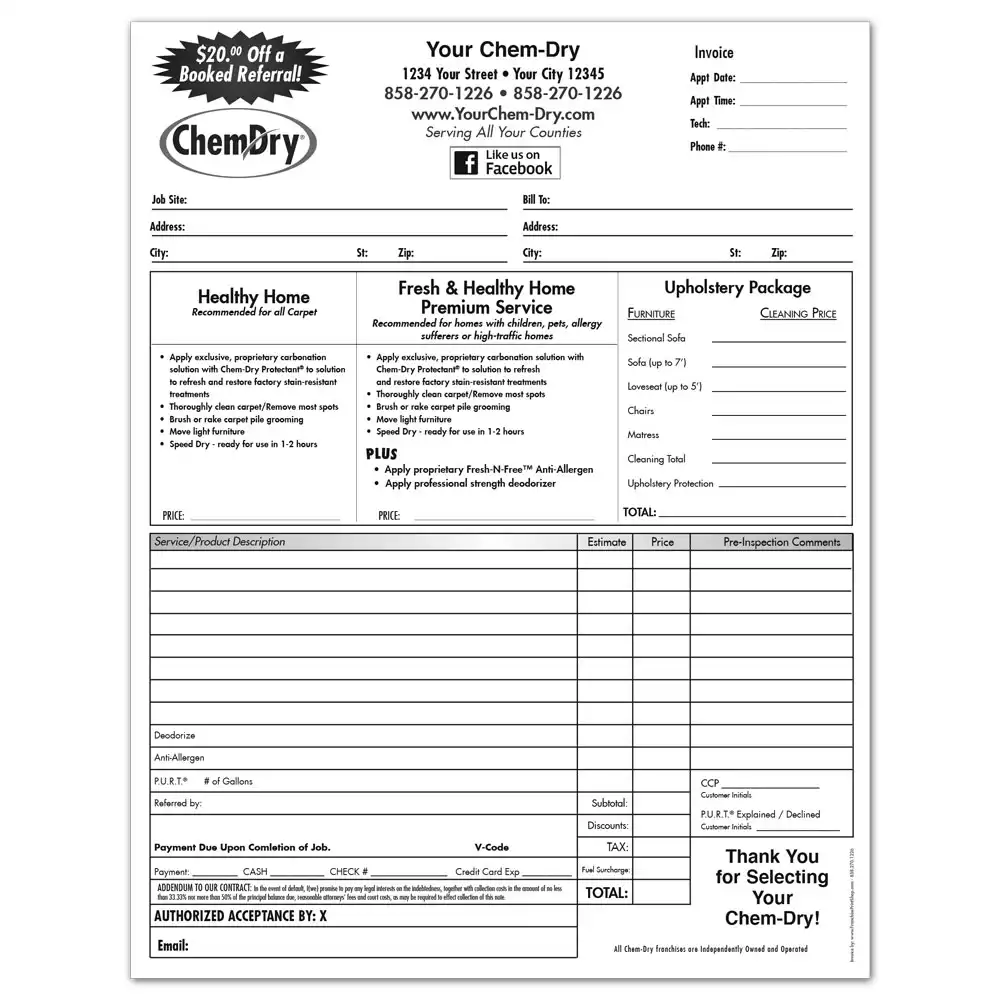 Front view of a custom printed ChemDry invoice with tiered cleaning services and details of customer information