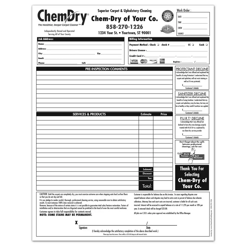 Front view of a custom printed ChemDry invoice with cleaning services and details of customer information
