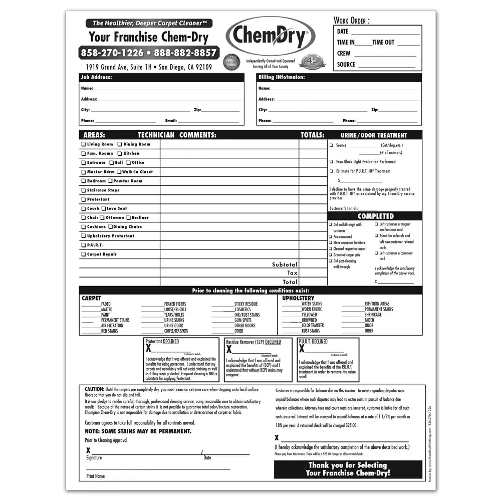 Front view of a custom printed ChemDry invoice with cleaning services and details of customer information