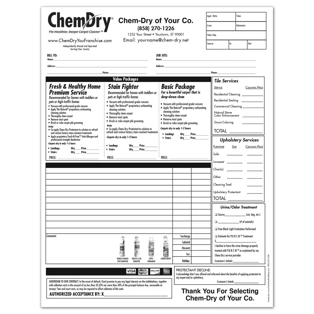 Front view of a custom printed ChemDry invoice with tiered cleaning services and details of customer information