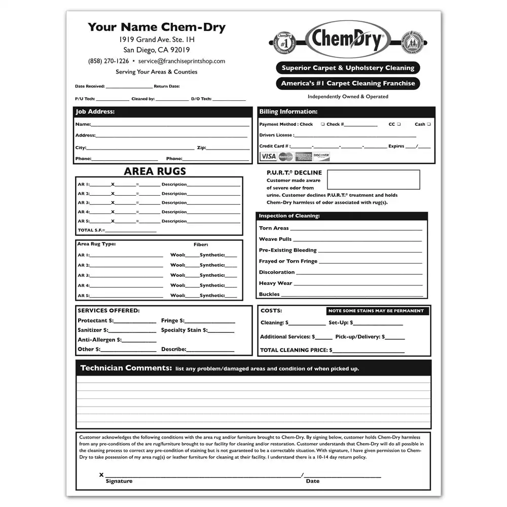 Front view of a custom printed ChemDry work order outlining area rugs cleaning services
