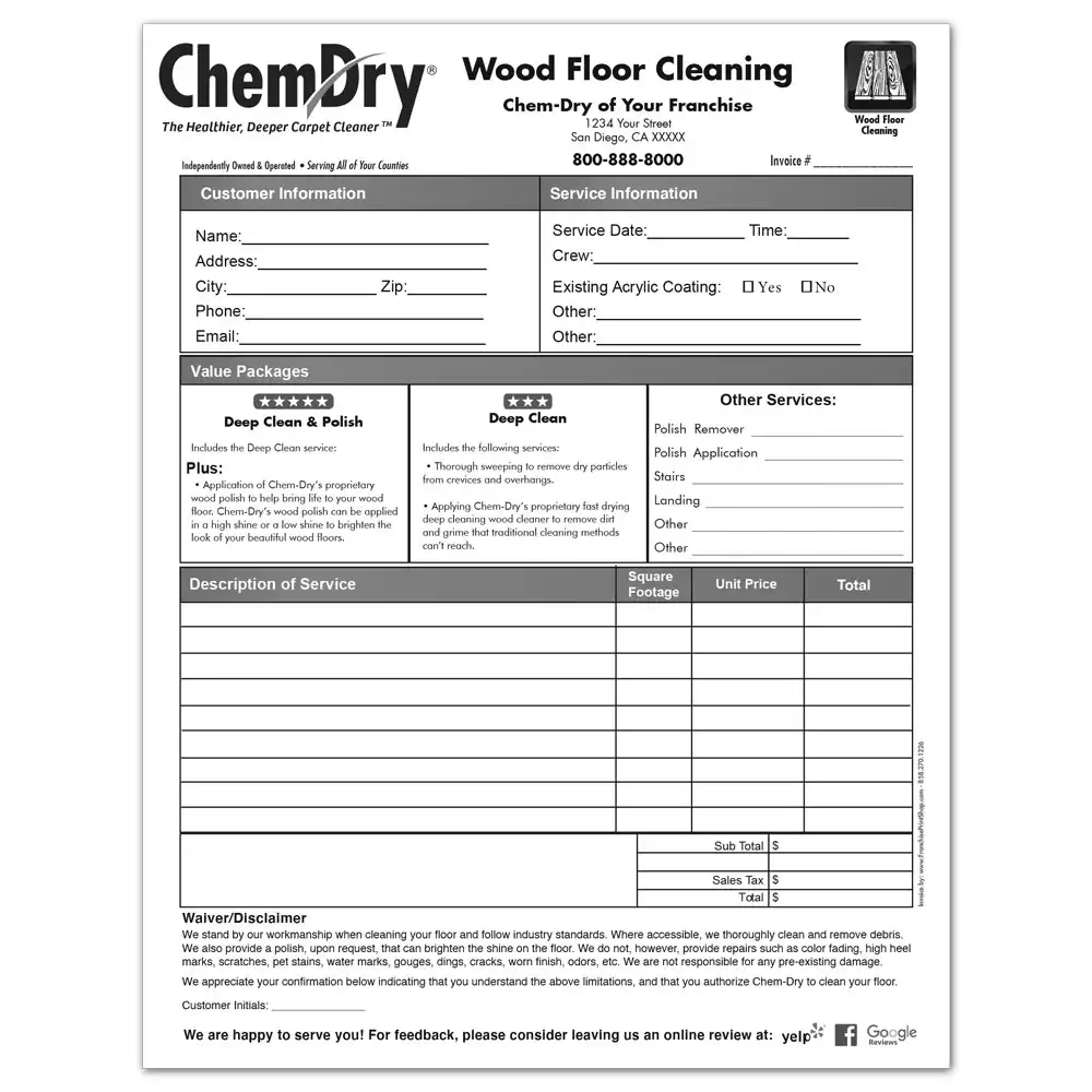Front view of a custom printed ChemDry work order outlining wood floor cleaning services