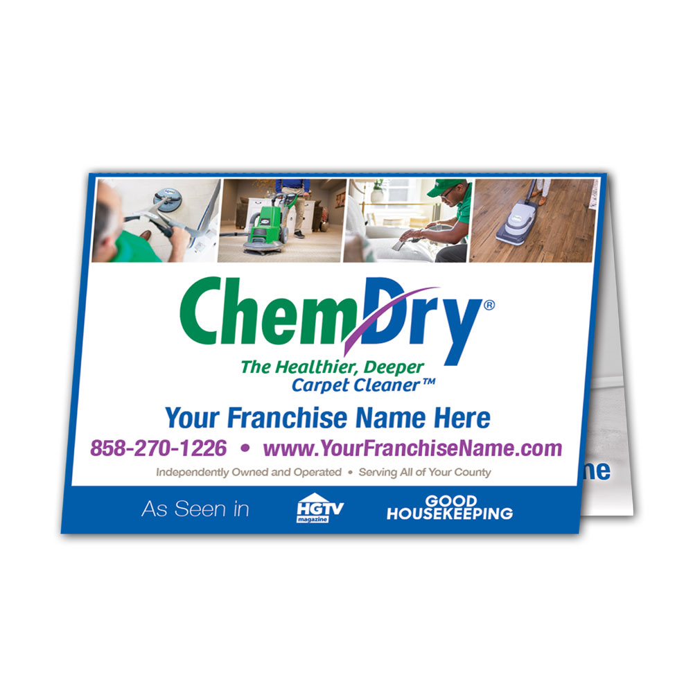 front view of a custom printed ChemDry tent style folded leave behind card
