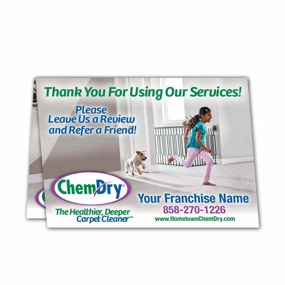 front view of a custom printed ChemDry tent style folded leave behind card