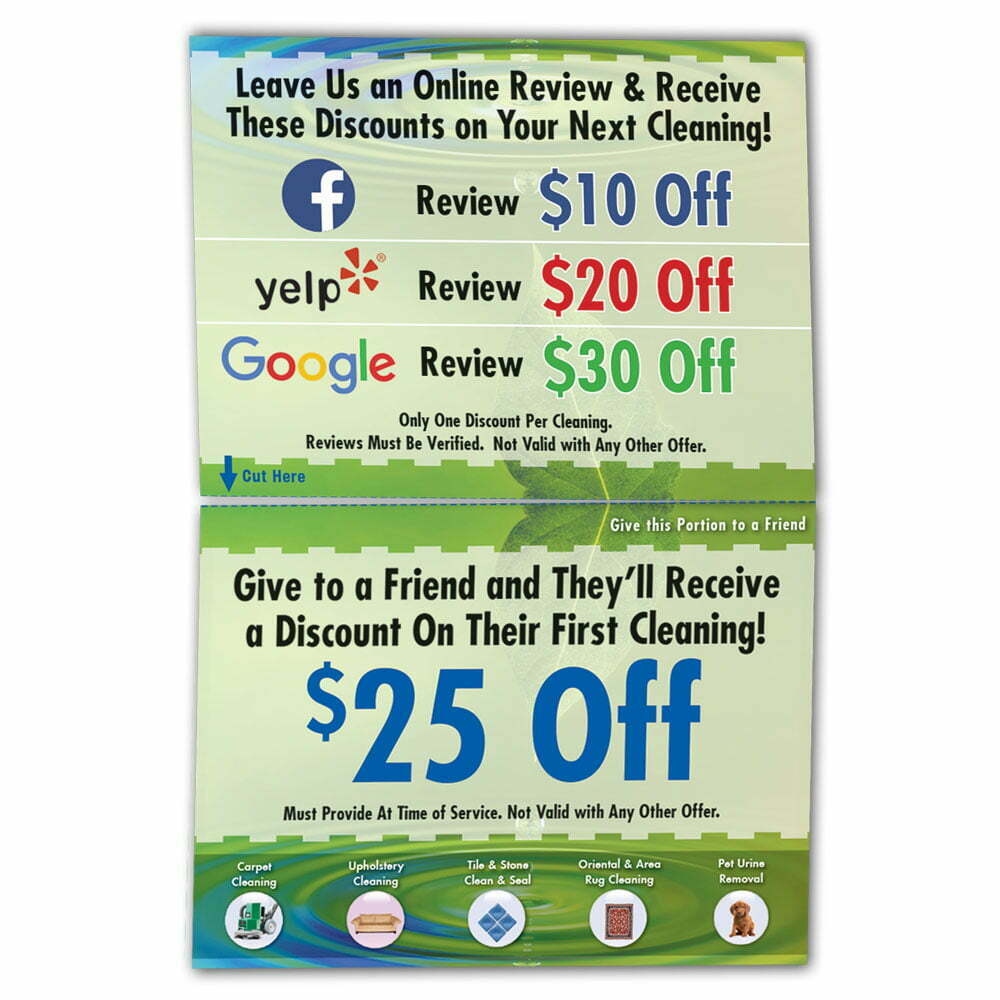 inside view of a custom printed ChemDry tent style folded leave behind card with social media review promotions