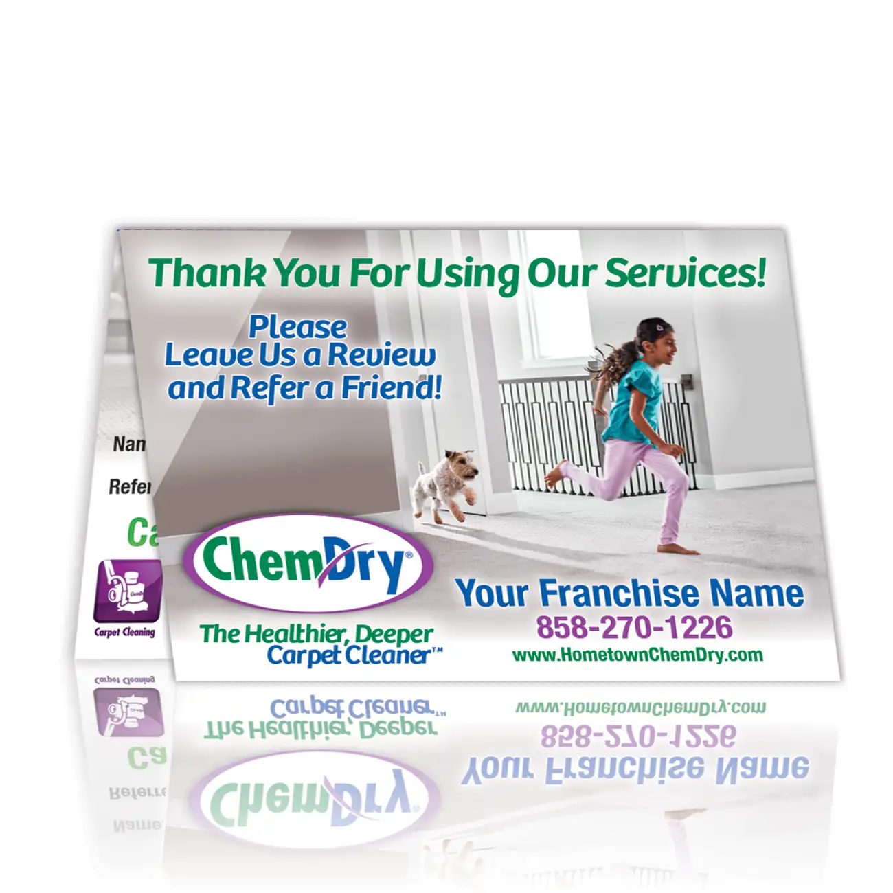 Front view of a custom printed ChemDry folded leave behind card with girl and dog running on clean carpet