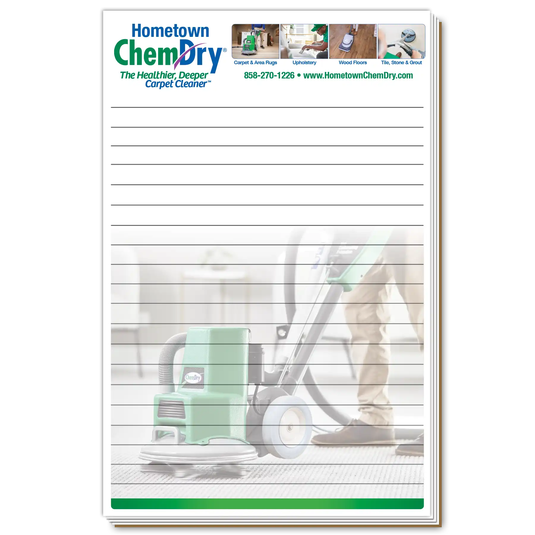 Front view of custom printed ChemDry branded notepad